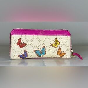 Leather Vibrant Butterfly Embroidered Wallet with Pink Trim